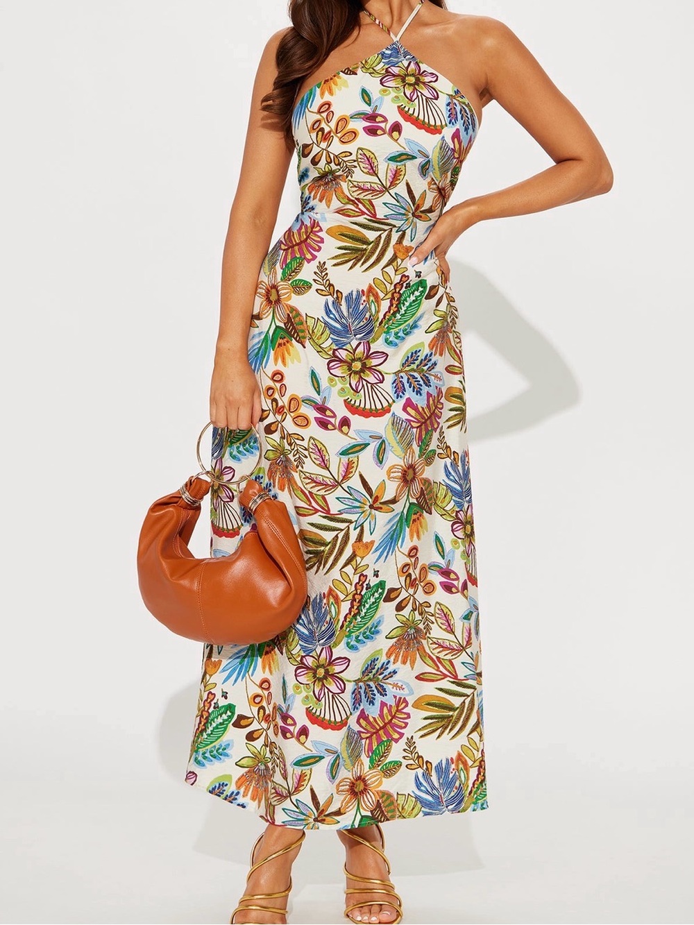 Floral Halter Maxi Dress in Cream with Multicolor Print